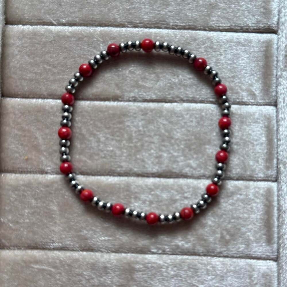 Southwestern Sterling Silver and Red Coral Beaded Stretchy Bracelet